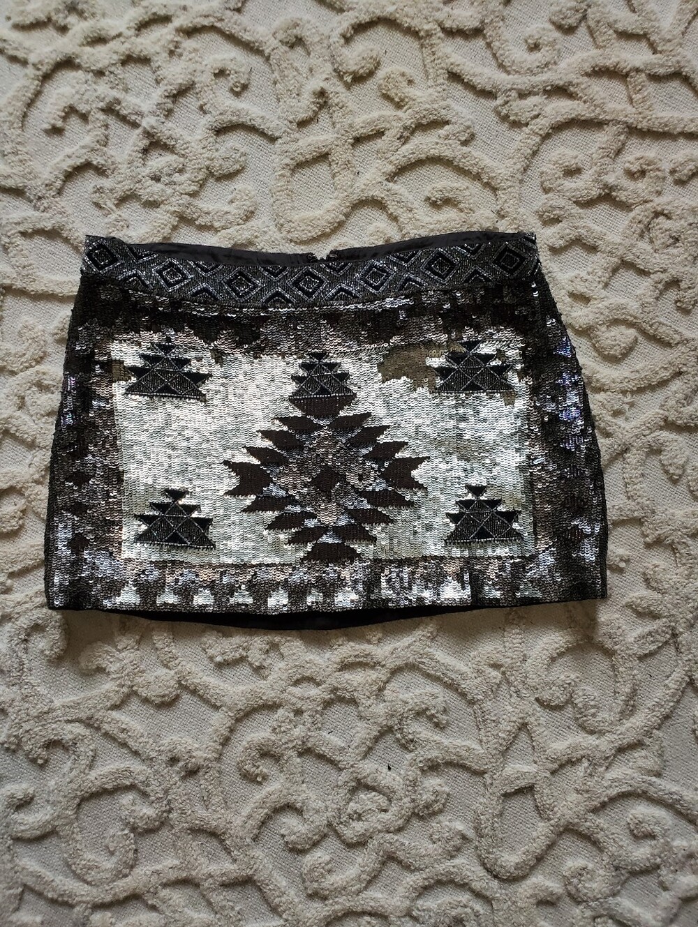 Allsaunts Hand Embellished Sequin Aztec Mini Skirt - Black & Silver